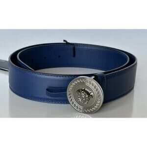 Versace Silver Medusa-Buckle Blue Leather Belt 85 (34) Italy 1006276 NIB $525